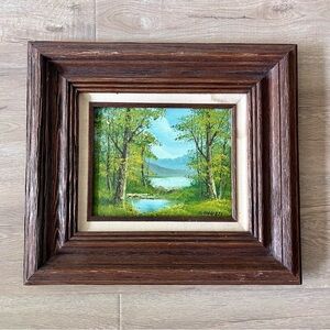 Vtg Oil Painting on‎ Canvas Signed By Artist, Wood Frame Landscape Lake 18”x16”